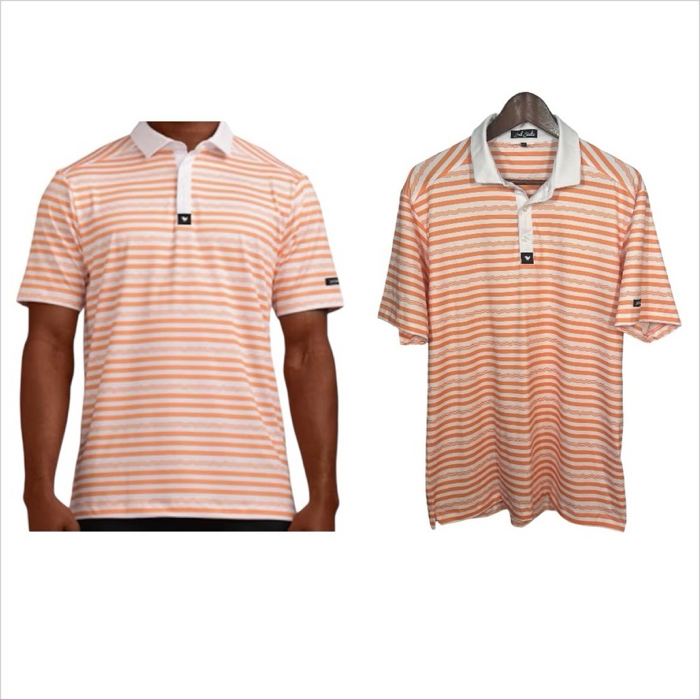 Bad Birdie Men's Warp Stripes Polo Tech Orange Size Large 4 Way Stretch Golf‎